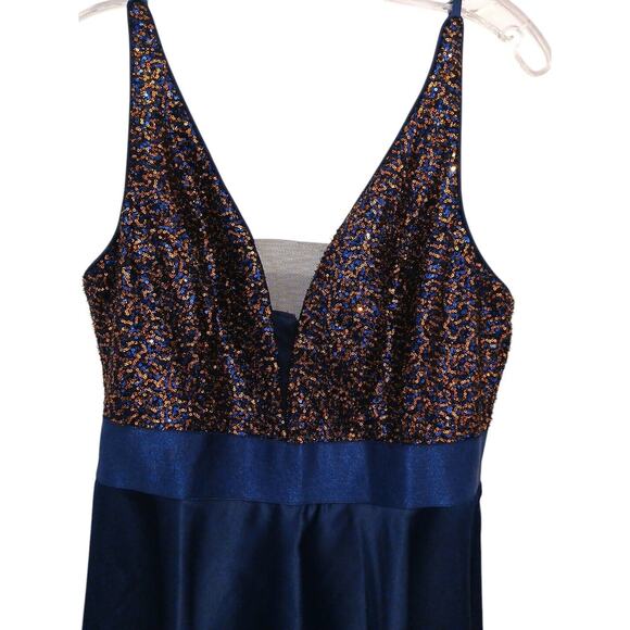 Elegant Formal Dress Sz 8 Navy Blue Gold Sequins Top Spaghetti Straps HI-LO Prom - Picture 6 of 16
